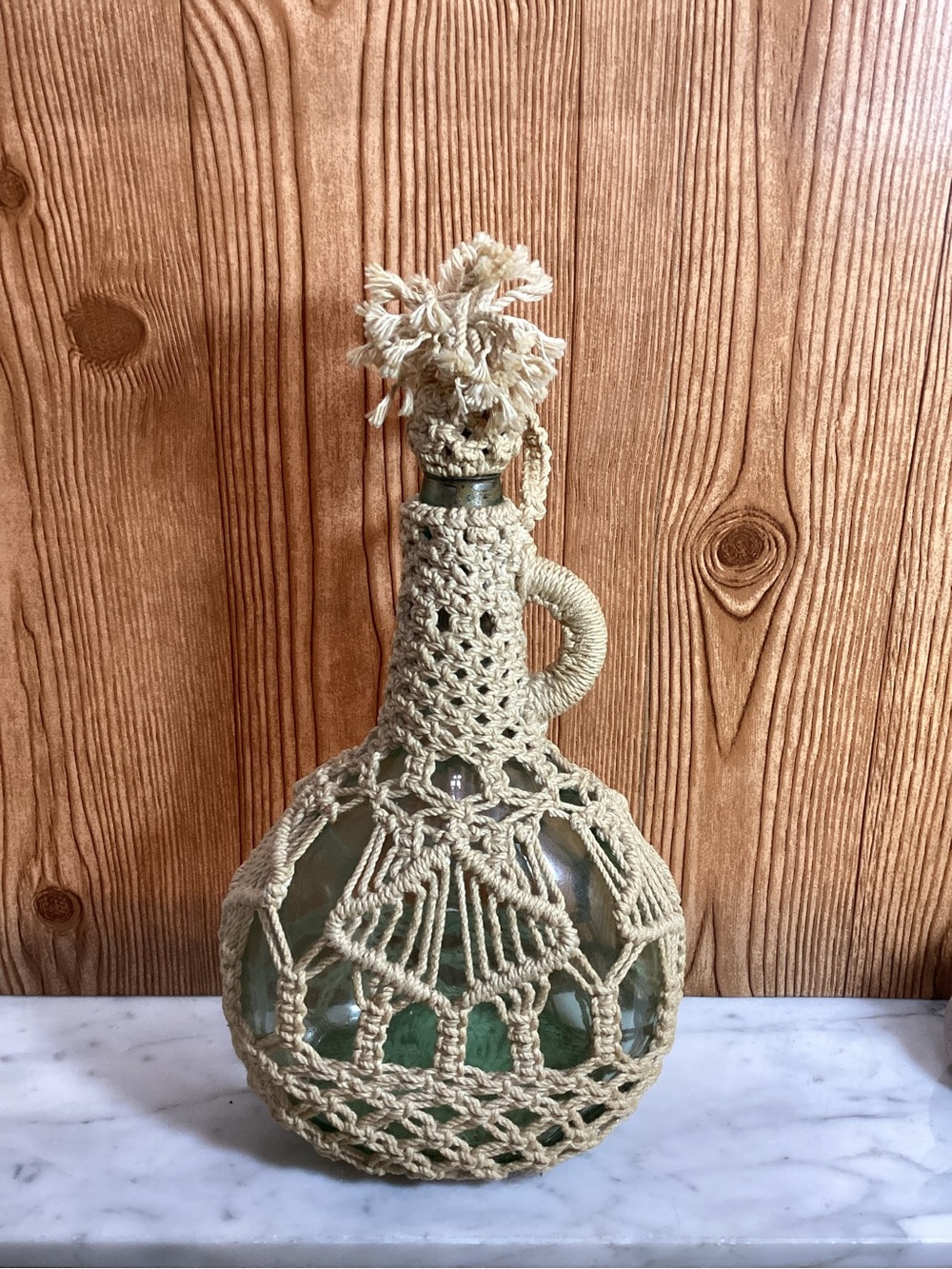 Vintage Handmade Macramé Covered Glass Bottle - Cream